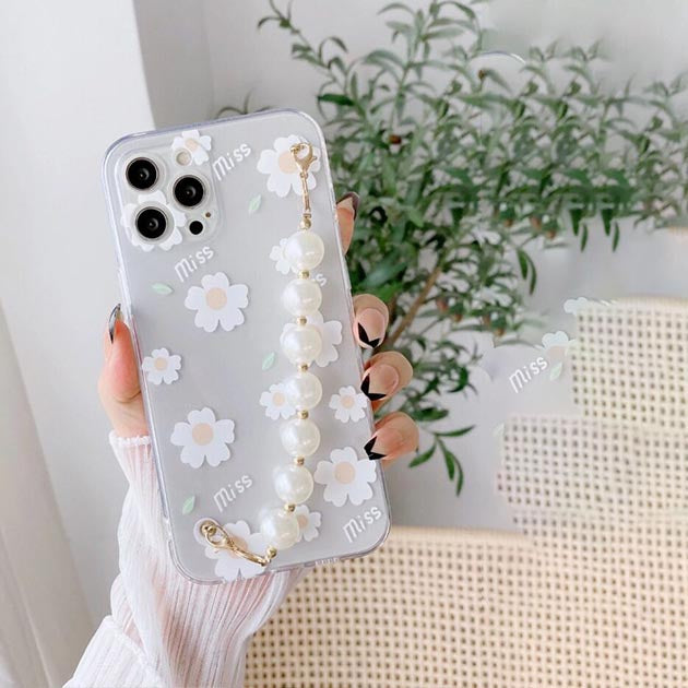 White Flower Pattern Transparent Cover With Pearl Chain Mobile Cover