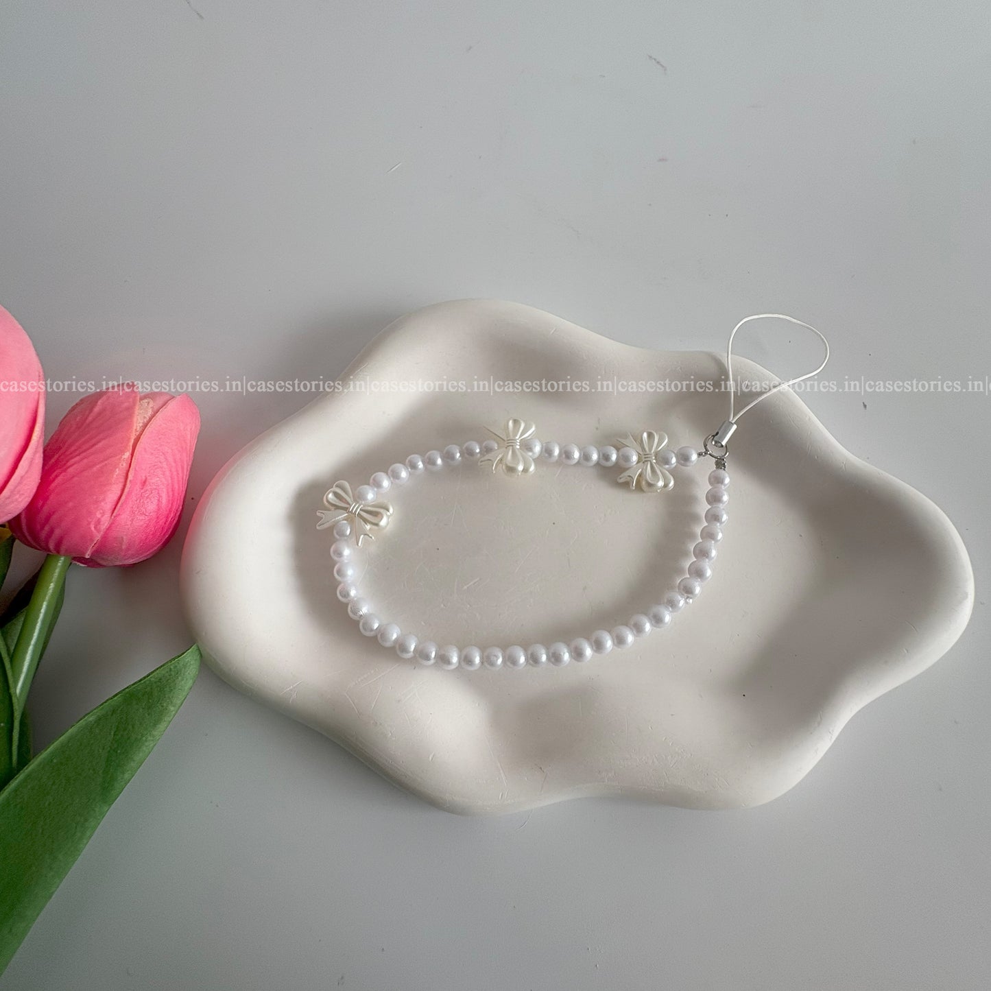 White Tiny Bow with Pearls Mobile Charm