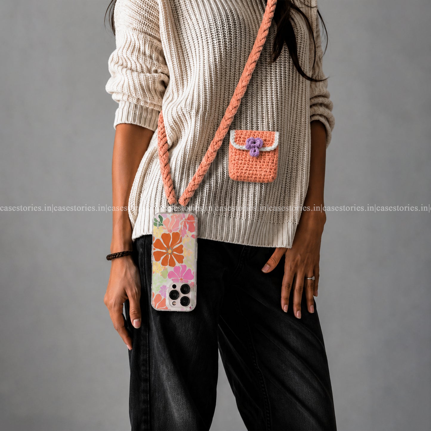 Crochet Peach Bliss Phone Slings with Pocket