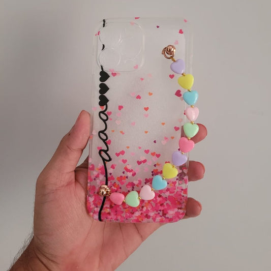 Hearts Falling Pattern Pearl Chain Mobile Cover