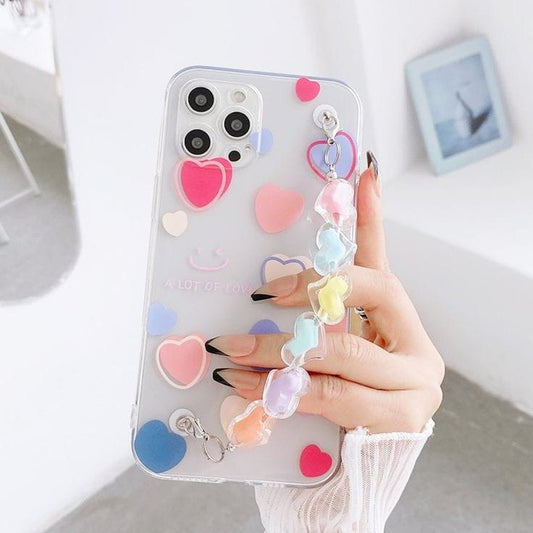 Pastel Heart Pattern Transparent Cover With Candy Heart Chain Mobile Cover