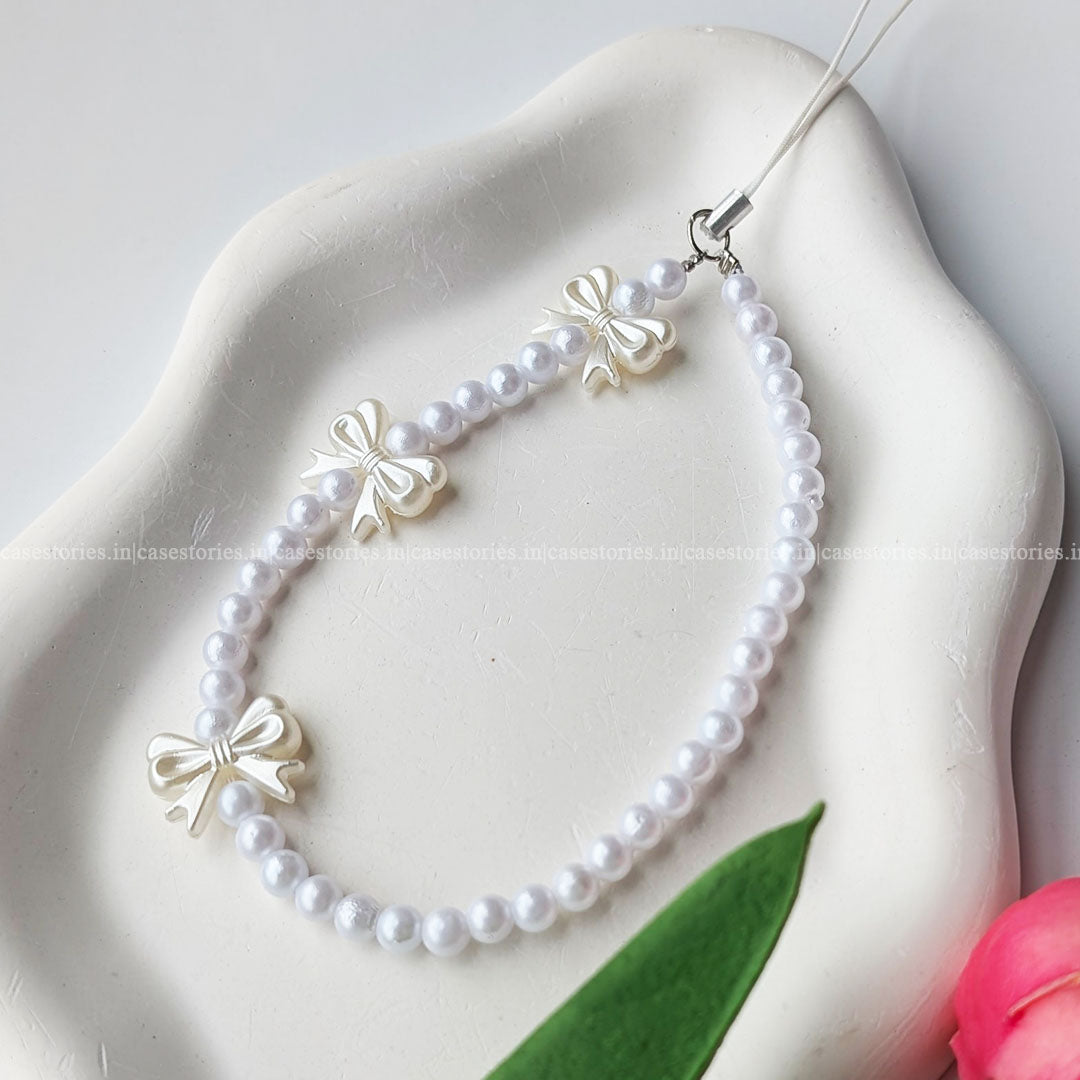 White Tiny Bow with Pearls Mobile Charm