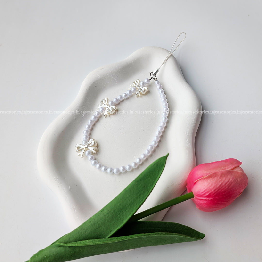 White Tiny Bow with Pearls Mobile Charm