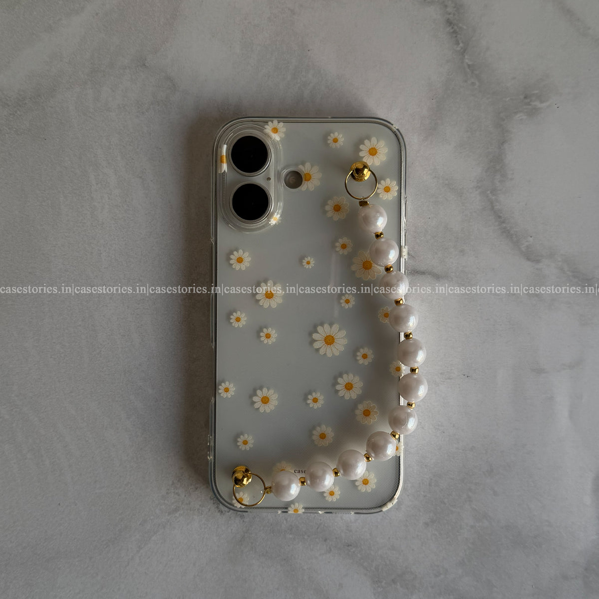 Golden Daisy Pearl Transparent Chain Case