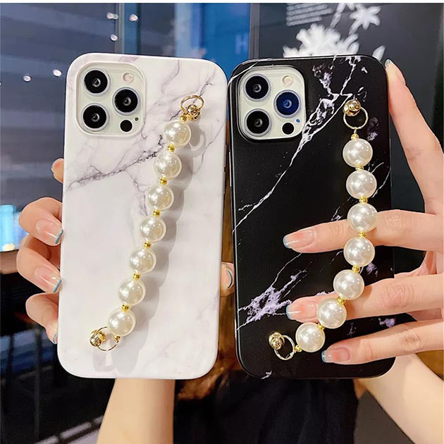 White & Black Marble Pattern Pearl Chain Mobile Cover