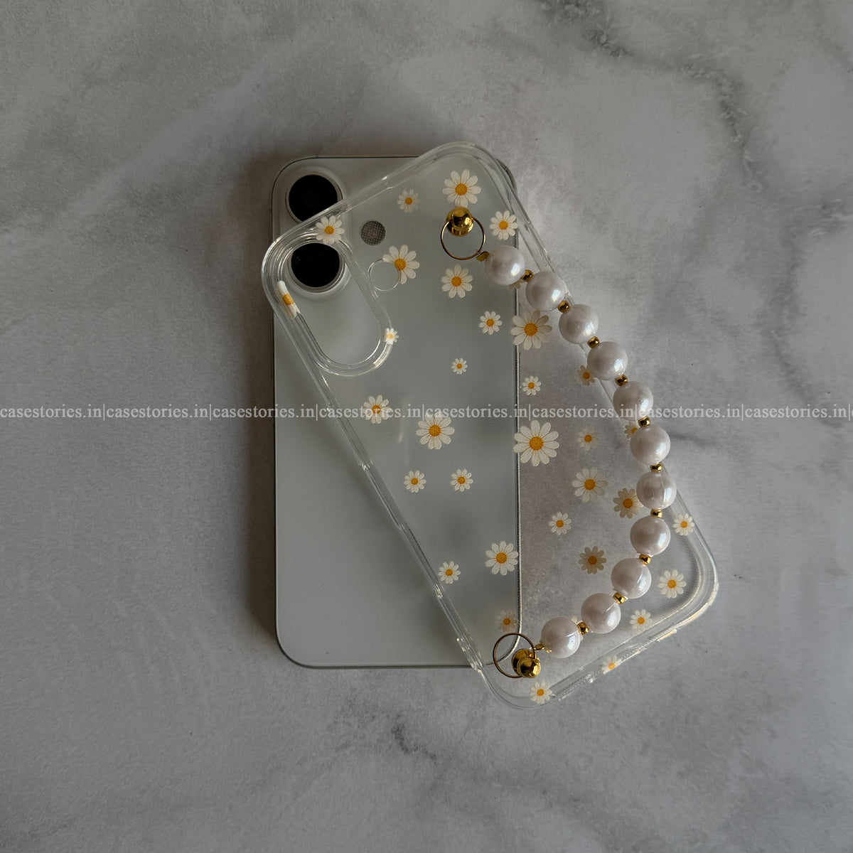 Golden Daisy Pearl Transparent Chain Case