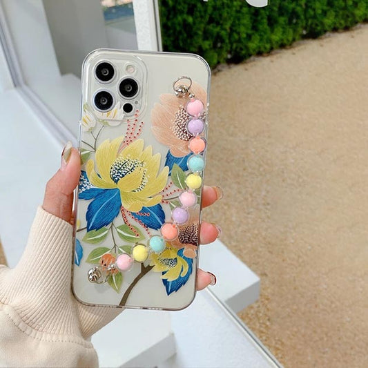 Floral Pattern Transparent Cover With Crystal Beads Chain Mobile Cover