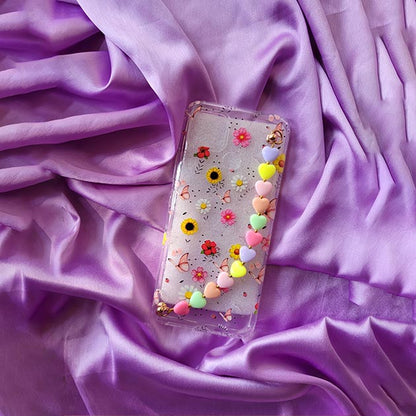 Aesthetic Floral Pattern Transparent Cover With Candy Heart Chain Mobile Cover