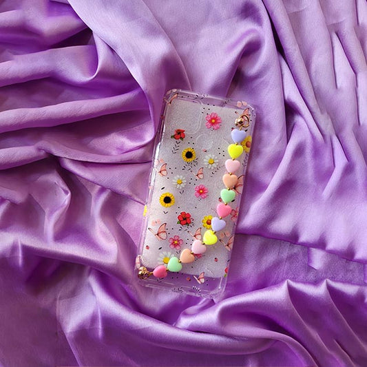 Aesthetic Floral Pattern Transparent Cover With Candy Heart Chain